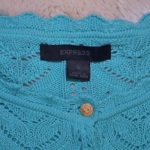 Express Teal Cropped Cotton Knit Cardigan Sweater Size Large - Picture 11 of 15
